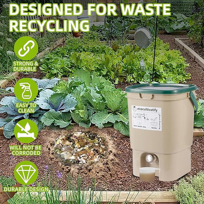 20L Bokashi Compost Bin, 5.28 Gallon Compost Bin for Kitchen Composter with Lid, Bokashi Start Kit with Bran (Tan & Dark Green) (20L/5.28GAL Tan & Dark Green)
