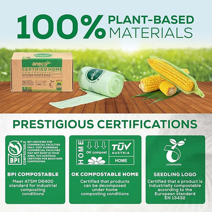 ANECO 100% Compostable Food Waste Bags 1.6 Gallon With Handles (30 Count), Small Compost Bags for Countertop Bin, OK Compost HOME & BPI Certified Compostable Kitchen Food Waste Bags