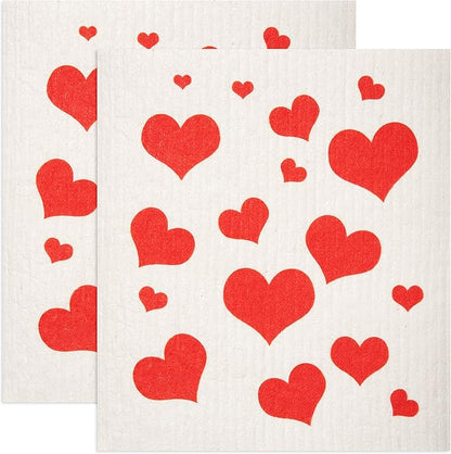 Swedish Dishcloths 2-Pack - Super Absorbent Reusable Cellulose Sponge Cloths, Eco-Friendly Kitchen Cleaning Towels, Machine Washable, Flying Hearts Design, 7.87"x6.88"