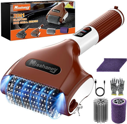 Electric Grill Brush - 4000mAh Cordless BBQ Grill Cleaner 2 Speed - 800RPM Bristle Free BBQ Grill Cleaner Tool Rechargeable with Scraper/LED Light/LED Display for Outdoor/Camping (Brown)