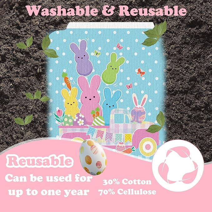 Easter Swedish Dishcloths for Kitchen, 6 Pack Colorful Bunny Rabbit Reusable Paper Towels, Non-Scratch Swedish Dish Cloths Super Absorbent Cellulose Sponge Cloths Spring Decorations