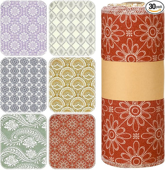 Redbaker 30 Pcs Reusable Paper Towels Rolls Towels Bulk Kitchen Washable Paperless Cloth Cotton Hand Napkins with Cardboard Reusable Napkins for Kitchen Bathroom (Bohemian)