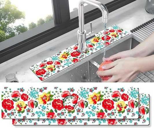 Kitchen Sink Splash Guard Faucet Mat -2 PC Super Absorbent Fast Drying Mat Sink Gadgets-Splash Guard Behind Faucet Drip Catcher for Kitchen, Bathroom,Sink Mat, Dish Drying Mat, Bathroom(23.5" X 5.5" )