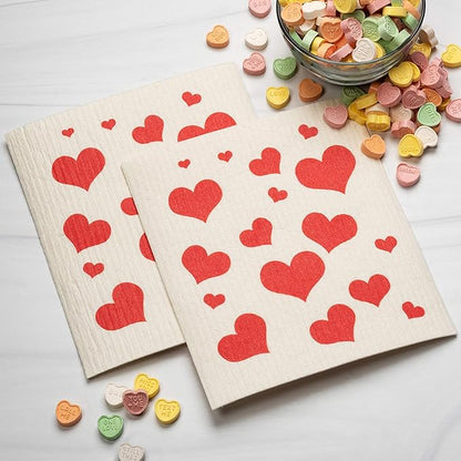 Swedish Dishcloths 2-Pack - Super Absorbent Reusable Cellulose Sponge Cloths, Eco-Friendly Kitchen Cleaning Towels, Machine Washable, Flying Hearts Design, 7.87"x6.88"
