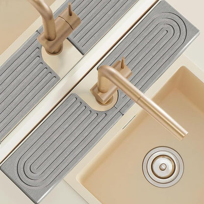 Diatomite Sink Faucet Splash Guard U Shape, 24" Large Stone Sink Tray, Modern Faucet Handle Drip Catcher Stone, Durable Faucet Draining Mat Protector for Kitchen Bathroom Island Counter, Light Grey