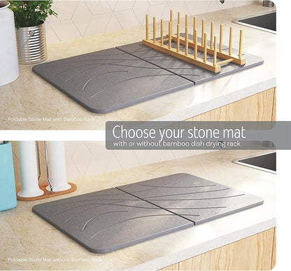 LARGE | PREMIUM | Stone Dish Mat + Bamboo Rack | 24” x 16” | Foldable (Dark Gray)