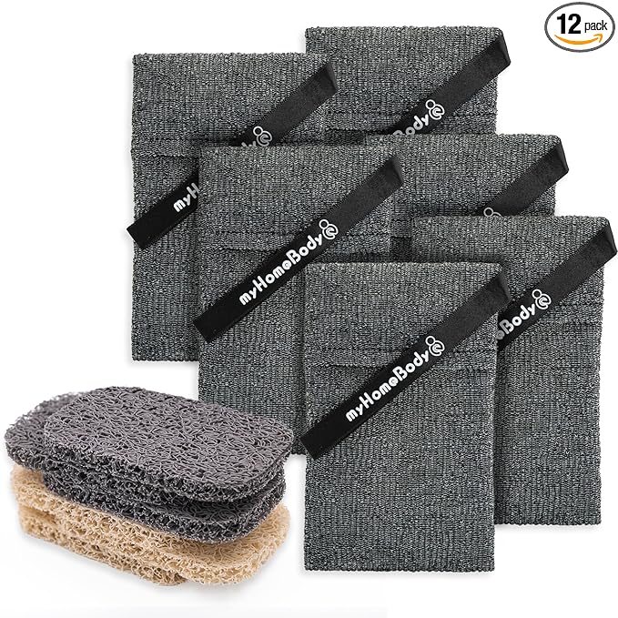 myHomeBody Soap Pocket Exfoliating Pouch, Body Scrubber Sponge, Exfoliator for Bath, Shower or Leftover Bits Saver, Graphite Gray, 6 Pack + 6 Lift Pads
