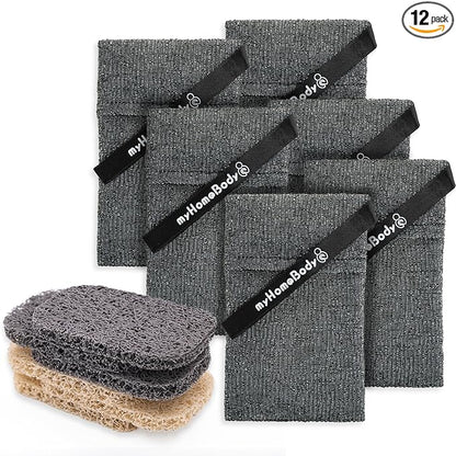 myHomeBody Soap Pocket Exfoliating Pouch, Body Scrubber Sponge, Exfoliator for Bath, Shower or Leftover Bits Saver, Graphite Gray, 6 Pack + 6 Lift Pads