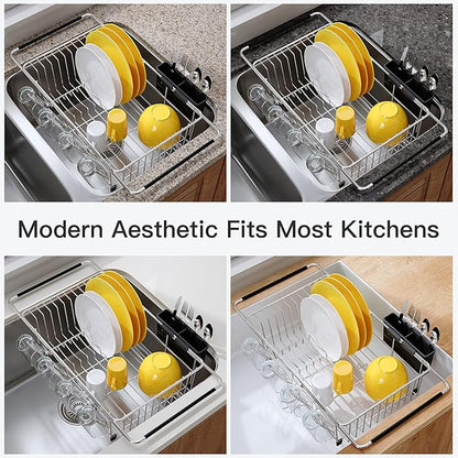 JASIWAY Dish Drying Rack in Sink, Expandable Stainless Steel Dish Drainers with Drainboard for Kitchen Counter, Space Saving Dish Dryer Rack, Over The Sink Dish Racks with Utensil Holder, Sliver