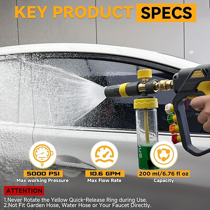 PWACCS Pressure Washer Small No-Dilution Foam Cannon Pro with Short Gun, Power Washer Soap Foam Gun with 4 Spray Nozzles for Car Wash, 200 ML