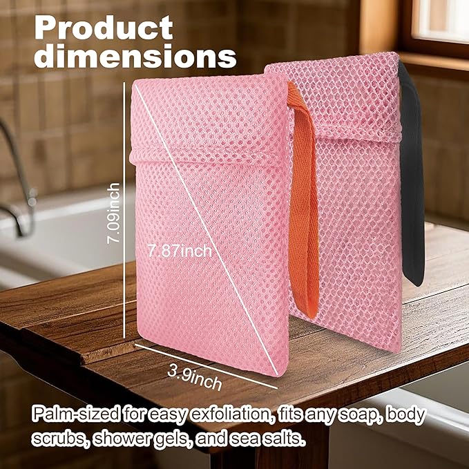 2 Pack Soap Bag Deep and Gentle Exfoliating,Bar Soap Pouch Saver Pocket,Body Scrubber Shower Bath Sponge Loofah (Pink)