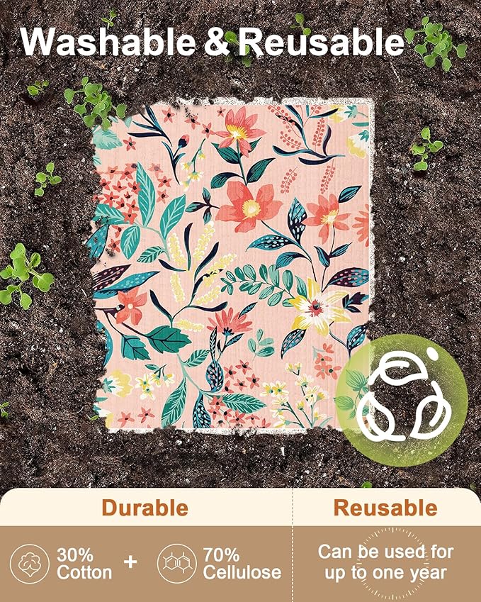 Miss Adola Swedish Dishcloths for Kitchen with Hooks - Reusable Dish Cloths for Washing Dishes Fast Drying Cute Fun 5 Pack Swedish Dish Towels Washable Cleaning Sponge, Color Floral Cluster