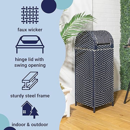 happimess HPM1202B Darla 31.39-Gallon All-Weather Wicker/Metal Swing Top Hideaway Outdoor Trash Can, Navy/White, Classic, Coastal, Casual Wastebin for Backyard, Patio, Porch, Kitchen