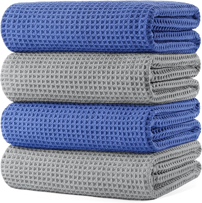 POLYTE 430 GSM Microfiber Oversize Quick Dry Lint Free Bath Towel, 60 x 30 in, 4 Pack (Waffle Weave)
