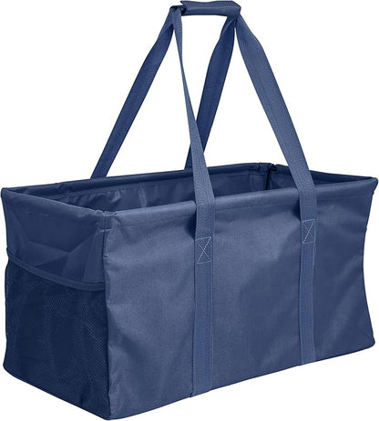 Extra Large Utility Tote Bag - Oversized Collapsible Reusable Wire Frame Rectangular Canvas Basket With Two Exterior Pockets For Beach, Pool, Laundry, Car Trunk, Storage - Navy Blue