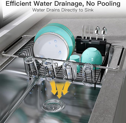 JASIWAY Dish Drying Rack in Sink, Expandable Stainless Steel Dish Drainers for Kitchen Counter, Space Saving Dish Dryer Rack with Drainboard, Over The Sink Dish Racks with Utensil Holder, Black