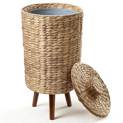 Tidita 3 Gallon Wicker Trash Can with Lid, Water Hyacinth Wicker Waste Basket for Bathroom - Decorative Bathroom Trash Can with Wooden Leg - Rattan Garbage Can with a Lid, Liner - Assembly Required