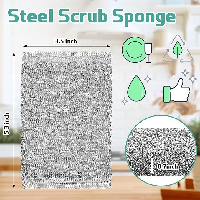 Thyle 12 Pack Kitchen Steel Scrubbing Sponges, Heavy Duty Non Scratch Metal Scrub Pads, Reusable Cleaning Sponges for Dishes, Pots, Pans, Sink and Tough Hard Stains (Gray)