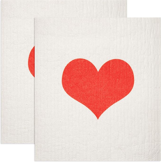 Swedish Dishcloths 2-Pack - Super Absorbent Reusable Cellulose Sponge Cloths, Eco-Friendly Kitchen Cleaning Towels, Machine Washable, Red Heart Design, 7.87"x6.88"