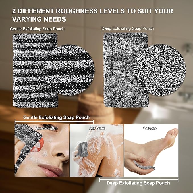 4 Pack Soap Bag Deep and Gentle Exfoliating,Bar Soap Pouch Saver Pocket, Body Scrubber Shower Bath Sponge Loofah (Grey)