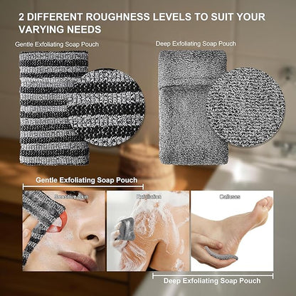 2 Pack Soap Bag Deep and Gentle Exfoliating,Bar Soap Pouch Saver Pocket, Body Scrubber Shower Bath Sponge Loofah (Grey)