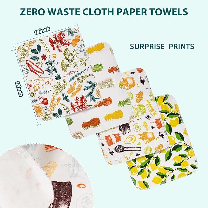 Reusable Paper Towels Washable, Pack of 12 Paperless Kitchen Towels Roll - Surprise Prints, Super Soft Eco-Friendly Cotton Cloth