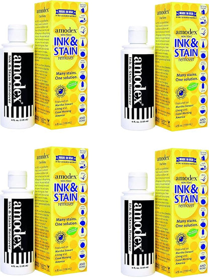 Amodex Ink and Stain Remover – Cleans Marker, Ink, Crayon, Pen, Makeup from Furniture, Skin, Clothing, Fabric, Leather - Liquid Solution - 4 fl oz Bottle - (Pack of 4)