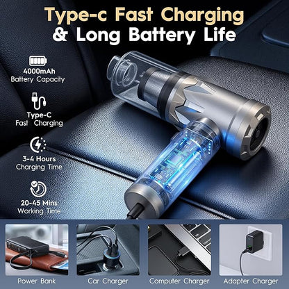 Car Vacuum Cleaner,Handheld Vacuum,15000PA High Power,3 Speed Portable Rechargeable Vacuum Cleaner with Brushless Motor,Cordless Small Vacuum for Car & Air Blower & Pump Silver