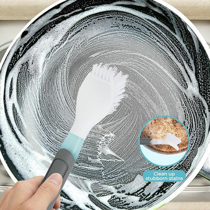 REEWII Dish Brush with soap Dispenser，4 PCS Replacement Brush Refills dishwashing Brush Set for Kitchen Utensils, Pans, Sinks, cookware