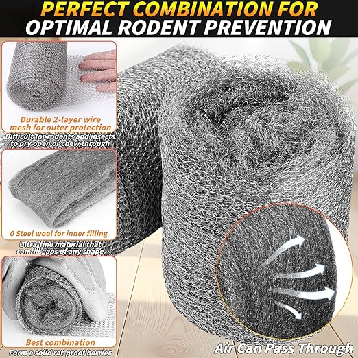 Steel Wool Mice Control, 6 Pack 3.2" x60 FT #0 Steel Wool & 1 Pack 5" x30 FT Wire Mesh, Medium Stainless Steel Wool Keep Mouse Away from Hole,Barrier and Gap Filler for Home Garden Kitchen Pipeline