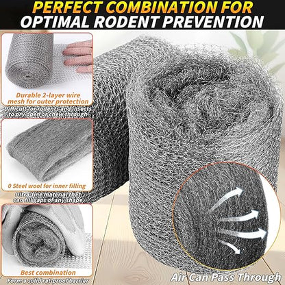 Steel Wool Mice Control, 6 Pack 3.2" x60 FT #0 Steel Wool & 1 Pack 5" x30 FT Wire Mesh, Medium Stainless Steel Wool Keep Mouse Away from Hole,Barrier and Gap Filler for Home Garden Kitchen Pipeline