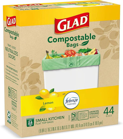 Glad Trash Bags, Kitchen Compost Bags 2.6 Gallon Garbage Bags, 100% Compostable Bag, Febreze Lemon, 44 Count (Package May Vary), Light Yellow