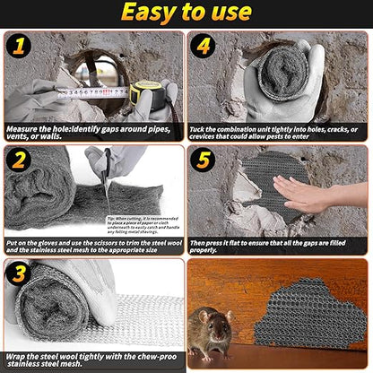 Steel Wool Mice Control, 6 Pack 3.2" x60 FT #000 Steel Wool Roll &1 Pack 5" x30 FT Wire Mesh, Mouse Hole Filler for House Garage Garden, Very Fine Stainless Steel Wool for Wood Metal Polishing