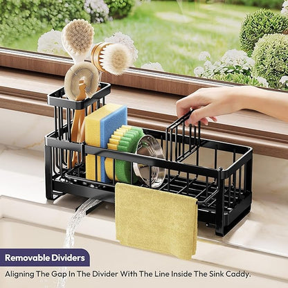 SWTYMIKI Sponge Holder for Kitchen Sink - Sink Caddy with Brush Holder Self-draining Sponge Caddy Organizer with Divider Stainless Steel Kitchen Accessories Storage for Countertop, Black