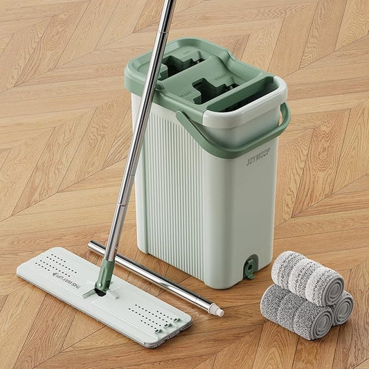 JOYMOOP 8L Large Capacity Flat Mop System (Light Green) with Extension Handle, Ideal for Floor, Window, and Wall Cleaning - Includes 3 Washable Microfiber Pads for Wet and Dry Use
