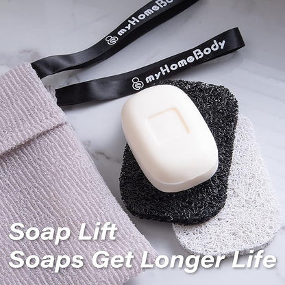myHomeBody Soap Pocket Exfoliating Pouch, Body Scrubber Sponge, Exfoliator for Bath, Shower or Leftover Bits Saver, White Smoke, 2 Pack + 2 Lift Pads