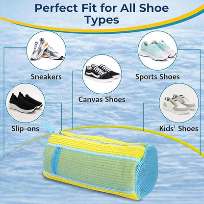 Shoe Washing Machine Bag with Shoe Trees and Deodorizer Bags, 2 Pcs Reusable Sneaker Laundry Bag for Washer and Dryer, 360 Deep Cleaning Shoe Washing Bag with Zipper, All Shoe Types & Sizes, Yellow