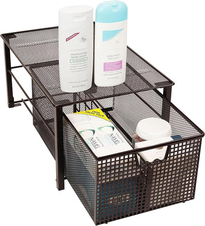Deco Brothers Stackable Pull Out Cabinet Sliding Basket with Dividers, Large, Bronze