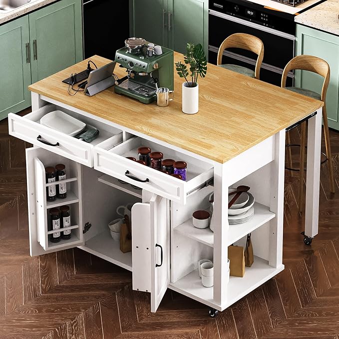 47" Kitchen Island with Extendable Dining Table, Movable Farmhouse Kitchen Islands with Storage Rack, Power Outlet, Island Table on Wheels with 2 Storage Drawers & 2 Cabinets, White