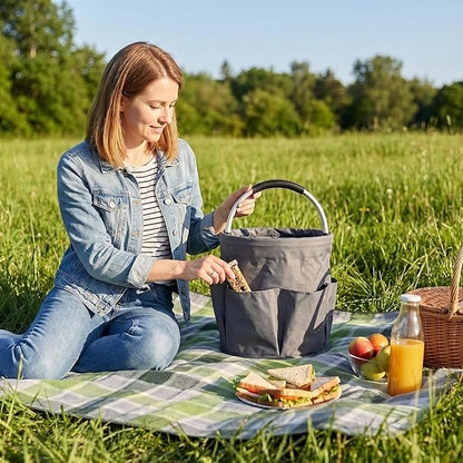 Cleaning Bucket, Cleaning caddy with Handle,17L Foldable Storage Basket 600D Oxford Fabric, 6 Pockets Portable Multi-Use Organiser for Home, Garden, Camping,Grey