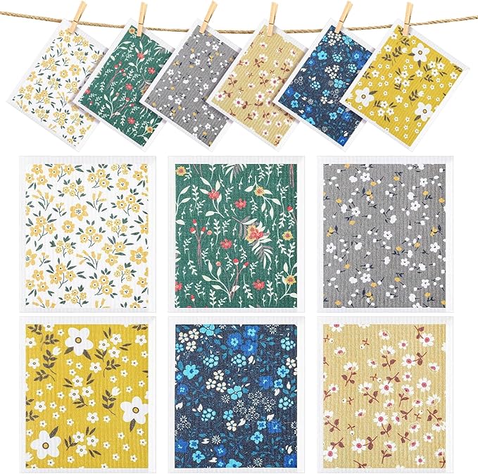 CHENGU 6 Pcs Swedish Kitchen Dish Towels Kitchen Cloth Absorbent Quick Drying Cloths Reusable Dishcloth Small Cleaning Rag for Counter(Flowers Leaves Patterns)