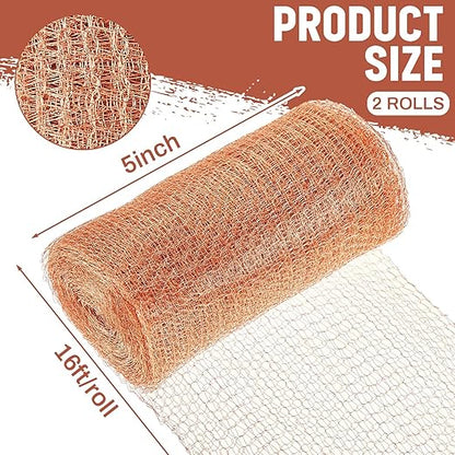 Gisafai 5" x 32 ft Copper Mesh Rodent Control Copper Wool for Slugs Rustproof DIY Hole Filler Pure Wire Mesh for Bat Snail Bird Pest Rodent Control Gap Blocker Fill Fabric Hole Gardening(2 Roll)