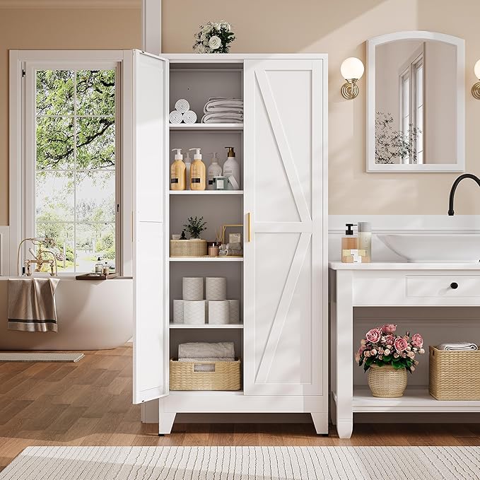 71" H Metal Garage Storage Cabinets,Broom Closet Storage Cabinet,Utility Cabinet,White Storage Cabinets