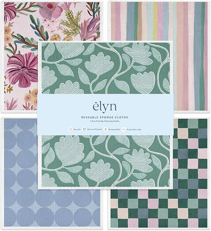 ELYN Swedish Dishcloths, Reusable & Washable Sponge Cloths, Absorbent Cleaning Paper Towels for Kitchen, Dishes, Counters and More, 5 Pack, Painted Petals Pattern