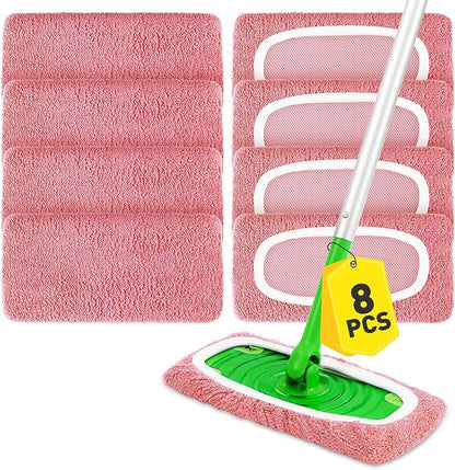 8Pcs Pink Reusable Mop Pads,Microfiber Mop Pads Compatible with Swiffer Sweeper, Dry Sweeping Cloths & Washable Wet Pads Refill for Floor