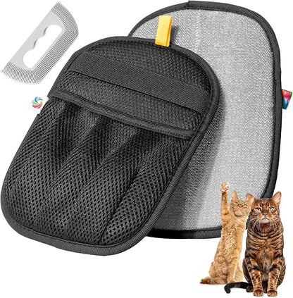 Pet Hair Removal Gloves for Dogs & Cats | Electrostatic Reusable Fur Remover Mitt for Furniture, Carpet & Clothes, Couch Car| Pet Fur Cleaning Tool with Carpet Scraper (Black - 2 Pcs)