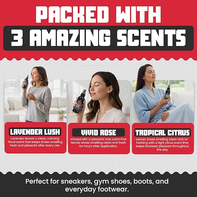 Shoe Deodorizer Spray - Shoe Refresher: Lavender Lush, Vivid Rose & Tropical Citrus - Shoe Odor Eliminator for Sneakers, Gym Bags & Lockers - Women’s Deodorant Spray by Combat Cleaner
