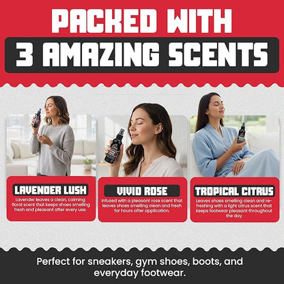 Shoe Deodorizer Spray - Shoe Refresher: Lavender Lush, Vivid Rose & Tropical Citrus - Shoe Odor Eliminator for Sneakers, Gym Bags & Lockers - Women’s Deodorant Spray by Combat Cleaner
