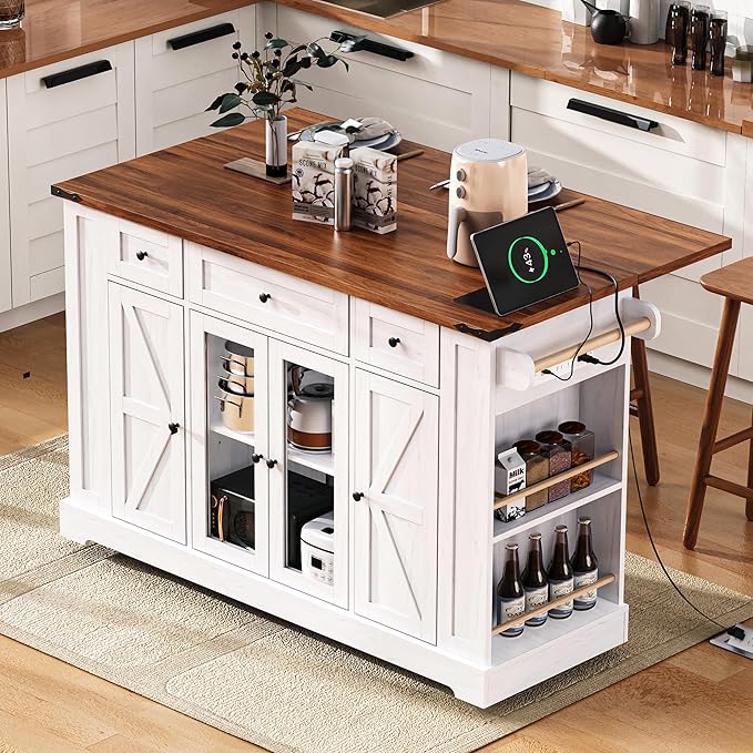 53" Farmhouse Kitchen Island with 2 Tempered Glass Cabinet Doors, Power Outlet, Rolling Kitchen Cart on Wheels with Drop Leaf, 5 Open Side Racks, 3 Drawers, for Kitchen, White