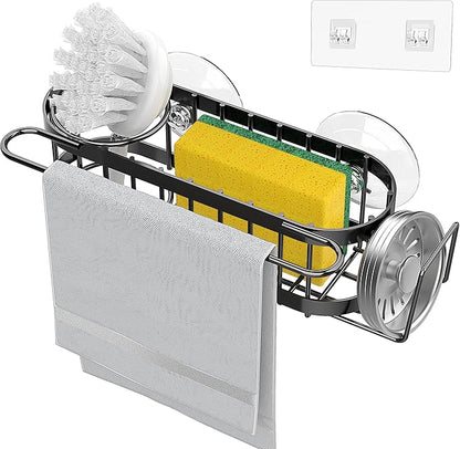 Cisily Kitchen Sink Caddy Sponge Holder in The Sink, Stainless Steel Kitchen Sink Organizer, Brush Holder, Dish Cloth Hanger, Sink Stopper Holder (Suction cup-Black)